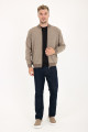 Brown Melange Bomber Collar Waffle Zip Wool Knit Jacket