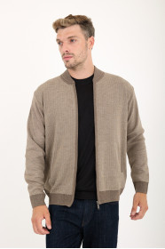 Light Brown Bomber Collar Waffle Zip Wool Knit Jacket