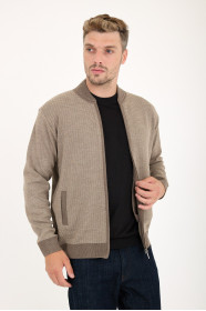 Light Brown Bomber Collar Waffle Zip Wool Knit Jacket