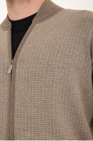 Light Brown Bomber Collar Waffle Zip Wool Knit Jacket