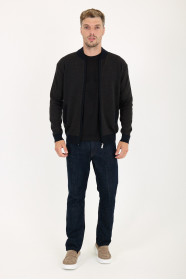 Brown Melange Bomber Collar Waffle Zip Wool Knit Jacket