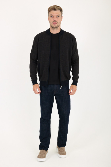 Brown Melange Bomber Collar Waffle Zip Wool Knit Jacket