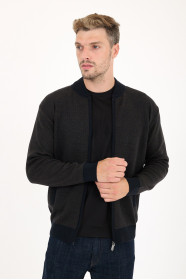 Brown Melange Bomber Collar Waffle Zip Wool Knit Jacket