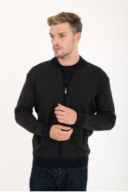 Brown Melange Bomber Collar Waffle Zip Wool Knit Jacket