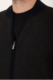 Brown Melange Bomber Collar Waffle Zip Wool Knit Jacket