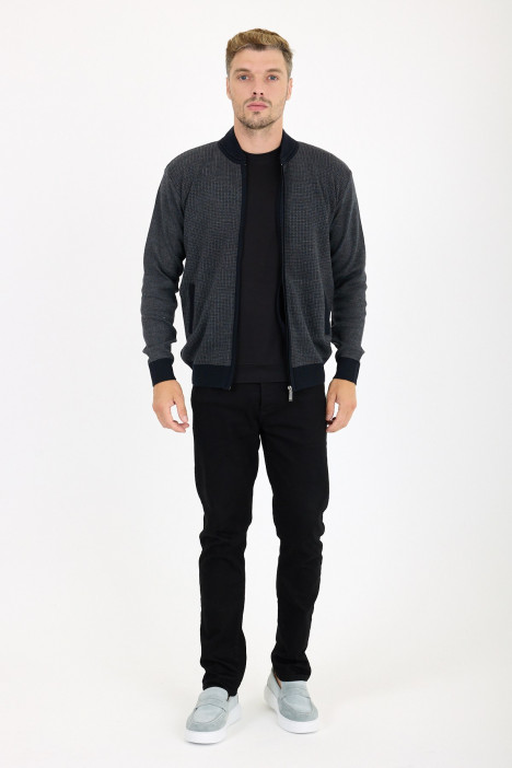 Dark Grey Bomber Collar Waffle Zip Wool Knit Jacket
