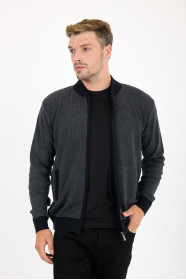 Dark Grey Bomber Collar Waffle Zip Wool Knit Jacket