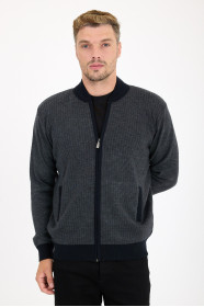 Dark Grey Bomber Collar Waffle Zip Wool Knit Jacket