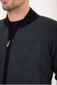 Dark Grey Bomber Collar Waffle Zip Wool Knit Jacket
