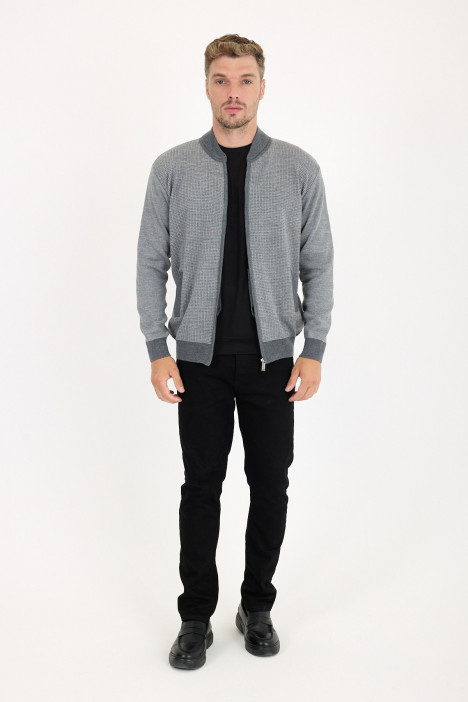 Dark Grey / Mid Grey Bomber Collar Waffle Zip Wool Knit Jacket