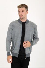 Dark Grey / Mid Grey Bomber Collar Waffle Zip Wool Knit Jacket