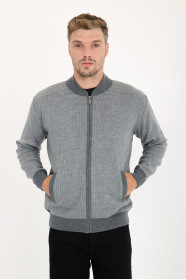 Dark Grey / Mid Grey Bomber Collar Waffle Zip Wool Knit Jacket