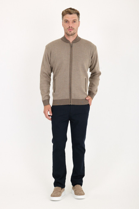 Light Brown Bomber Collar Herringbone Zip Wool Knit Jacket