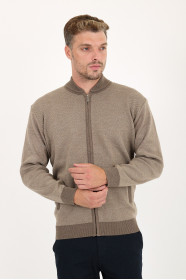 Light Brown Bomber Collar Herringbone Zip Wool Knit Jacket