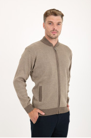 Light Brown Bomber Collar Herringbone Zip Wool Knit Jacket