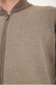 Light Brown Bomber Collar Herringbone Zip Wool Knit Jacket