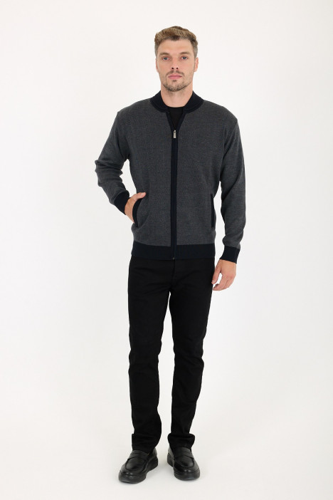 Navy 2 Bomber Collar Herringbone Zip Wool Knit Jacket