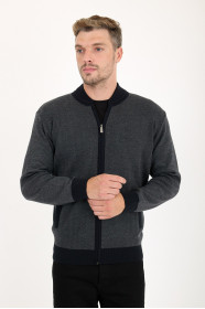 Navy 2 Bomber Collar Herringbone Zip Wool Knit Jacket