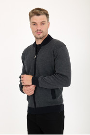 Navy 2 Bomber Collar Herringbone Zip Wool Knit Jacket