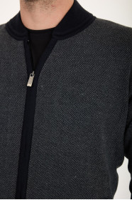 Navy 2 Bomber Collar Herringbone Zip Wool Knit Jacket