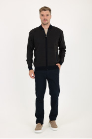 Navy / Brown Bomber Collar Herringbone Zip Wool Knit Jacket