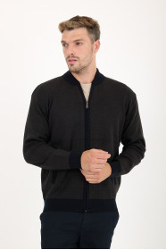 Navy / Brown Bomber Collar Herringbone Zip Wool Knit Jacket