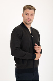 Navy / Brown Bomber Collar Herringbone Zip Wool Knit Jacket