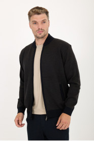 Navy / Brown Bomber Collar Herringbone Zip Wool Knit Jacket