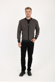Anthracite Bomber Collar Herringbone Zip Wool Knit Jacket