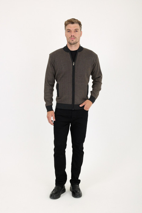 Anthracite Bomber Collar Herringbone Zip Wool Knit Jacket