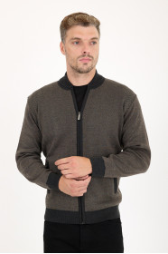 Anthracite Bomber Collar Herringbone Zip Wool Knit Jacket