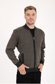 Anthracite Bomber Collar Herringbone Zip Wool Knit Jacket