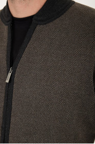Anthracite Bomber Collar Herringbone Zip Wool Knit Jacket