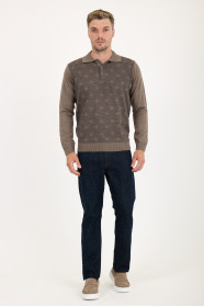 Light Brown Polo Neck Diamond Jacquard Button Wool Knit Sweater