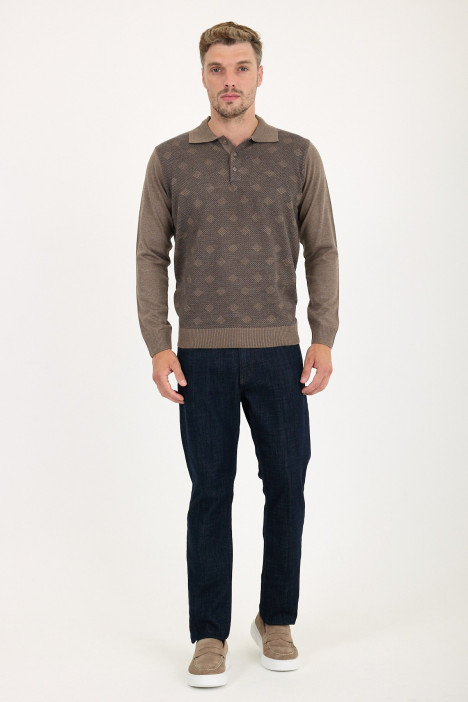Light Brown Polo Neck Diamond Jacquard Button Wool Knit Sweater