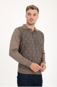 Light Brown Polo Neck Diamond Jacquard Button Wool Knit Sweater