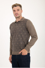 Light Brown Polo Neck Diamond Jacquard Button Wool Knit Sweater