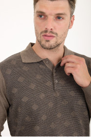 Light Brown Polo Neck Diamond Jacquard Button Wool Knit Sweater
