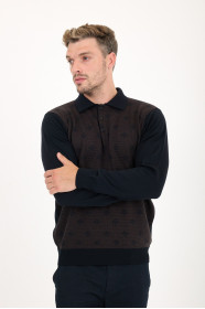 Brown Melange Polo Neck Diamond Jacquard Button Wool Knit Sweater