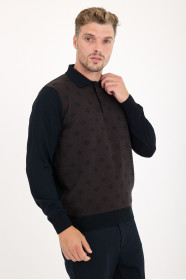Brown Melange Polo Neck Diamond Jacquard Button Wool Knit Sweater