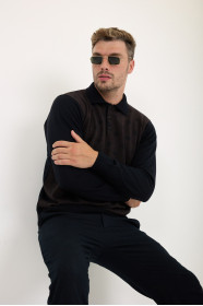 Brown Melange Polo Neck Diamond Jacquard Button Wool Knit Sweater