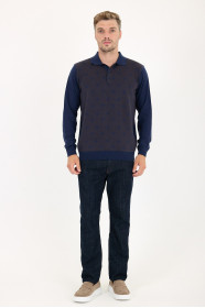 Parliament Blue Polo Neck Diamond Jacquard Button Wool Knit Sweater
