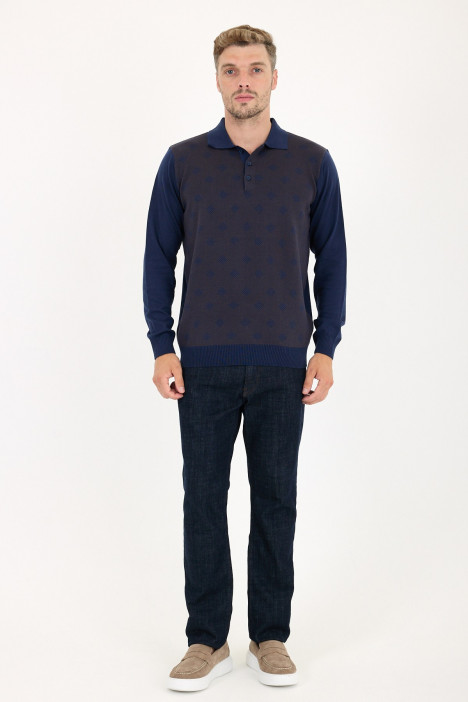 Parliament Blue Polo Neck Diamond Jacquard Button Wool Knit Sweater