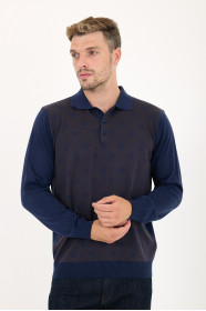 Parliament Blue Polo Neck Diamond Jacquard Button Wool Knit Sweater