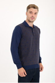 Parliament Blue Polo Neck Diamond Jacquard Button Wool Knit Sweater