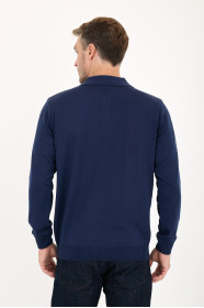 Parliament Blue Polo Neck Diamond Jacquard Button Wool Knit Sweater