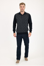 Dark Grey Polo Neck Diamond Jacquard Button Wool Knit Sweater