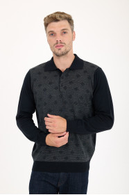 Dark Grey Polo Neck Diamond Jacquard Button Wool Knit Sweater