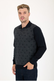Dark Grey Polo Neck Diamond Jacquard Button Wool Knit Sweater