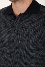 Dark Grey Polo Neck Diamond Jacquard Button Wool Knit Sweater